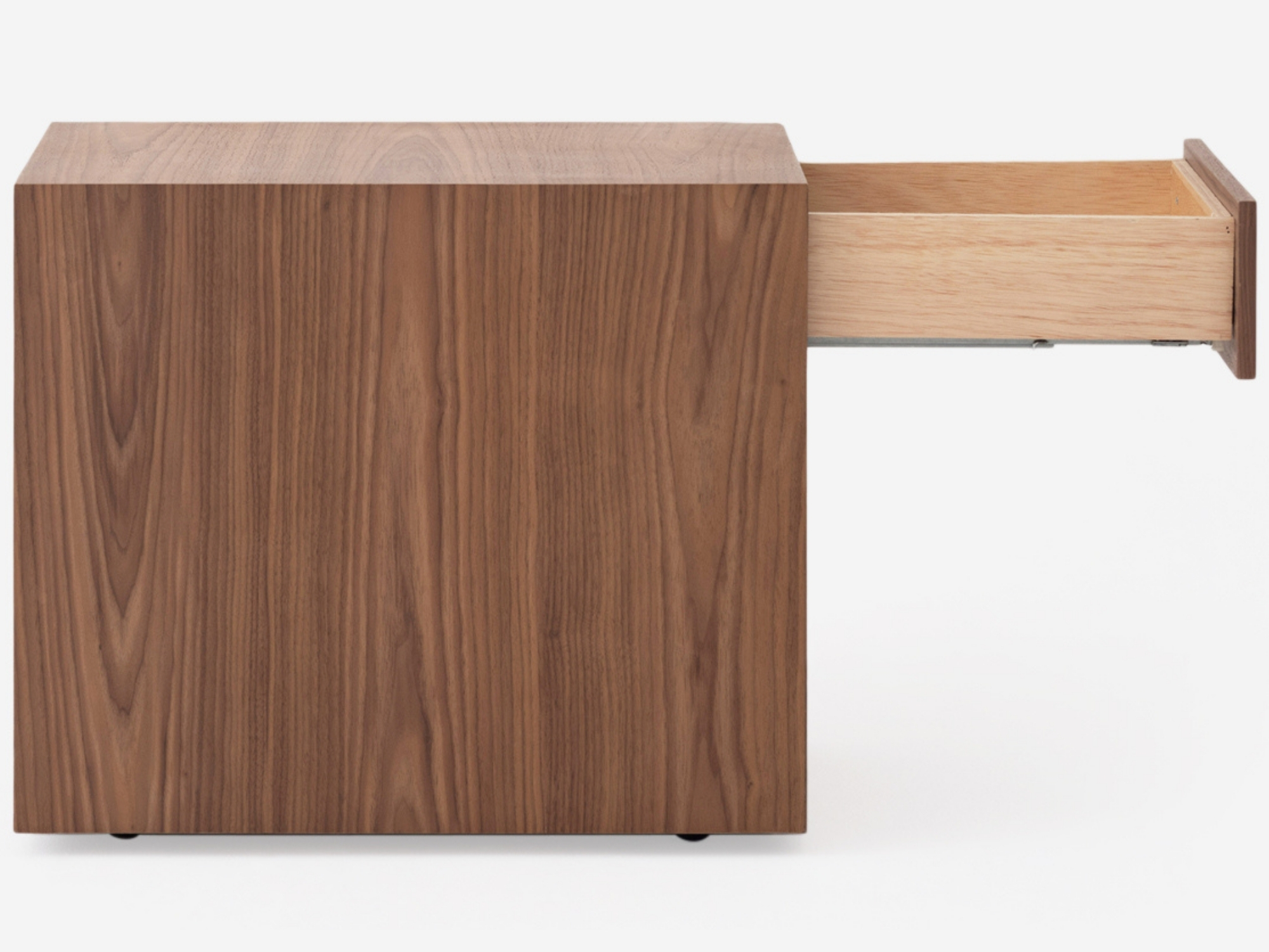 Side view of the Kendall Pedestal in walnut with open drawer 